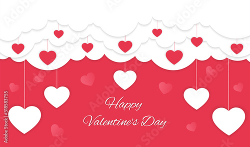 Valentine's day banner, poster with hearts hanging from the clouds on an isolated background
