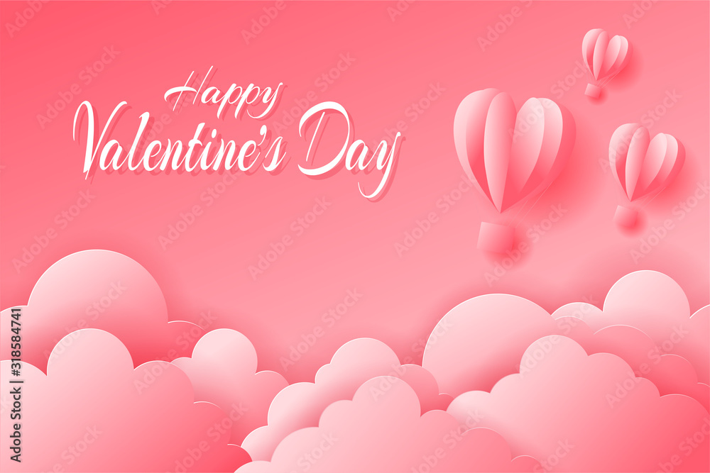 Pink heart shape balloons flying over clouds on pink background. Paper cut out style. Valentines or Mothers day celebration concept Pink heart shape balloons flying over clouds on pink background. Paper cut out style. Valentines or Mothers day celebration concept