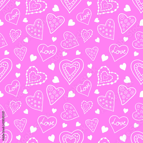 Pink hearts seamless pattern in doodle style. Vector stock illustration. Hand drawing image for Valentines Day decor and wedding invitations.