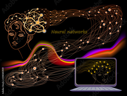 Stylized activity in human brain with deep neural networks. Artificial Intelligence System. High tech digital technology. Print for scientific research in biology, physics and nanotechnologies.