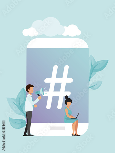 People and big hashtag in phone vector illustration. Hashtagging in smartphone and students. Concept of social media hashtags