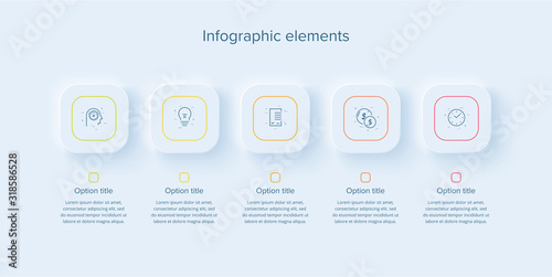 Business process chart infographics with 5 steps in neumorphism design. Sqaure corporate workflow graphic elements. Company flowchart presentation slide template. Vector info graphic. photo