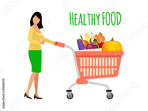 Woman pushing a shopping cart filled with fruits and vegetables. Girl with healthy food shopping trolley vector illustration.