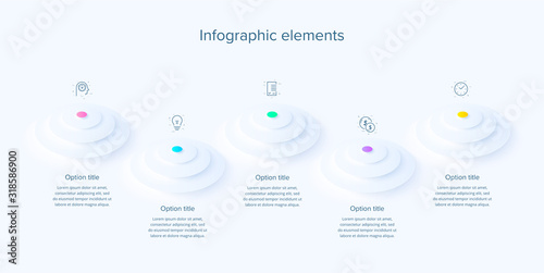 Business process chart infographics with 5 steps in neumorphism design. Circle corporate workflow graphic elements. Company flowchart presentation slide template. Vector info graphic.