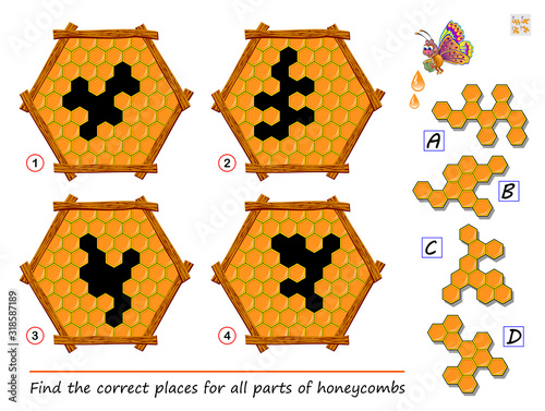 Logic puzzle game for children and adults. Find the places for all parts of honeycombs. Printable page for kids brain teaser book. Developing spatial thinking skills. IQ training test. Vector image.