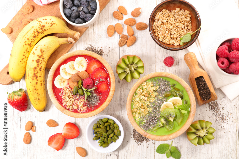 healthy breakfast with smoothie bowl- muesli, dairy and fruit healthy breakfast with smoothie bowl- muesli, dairy and fruit