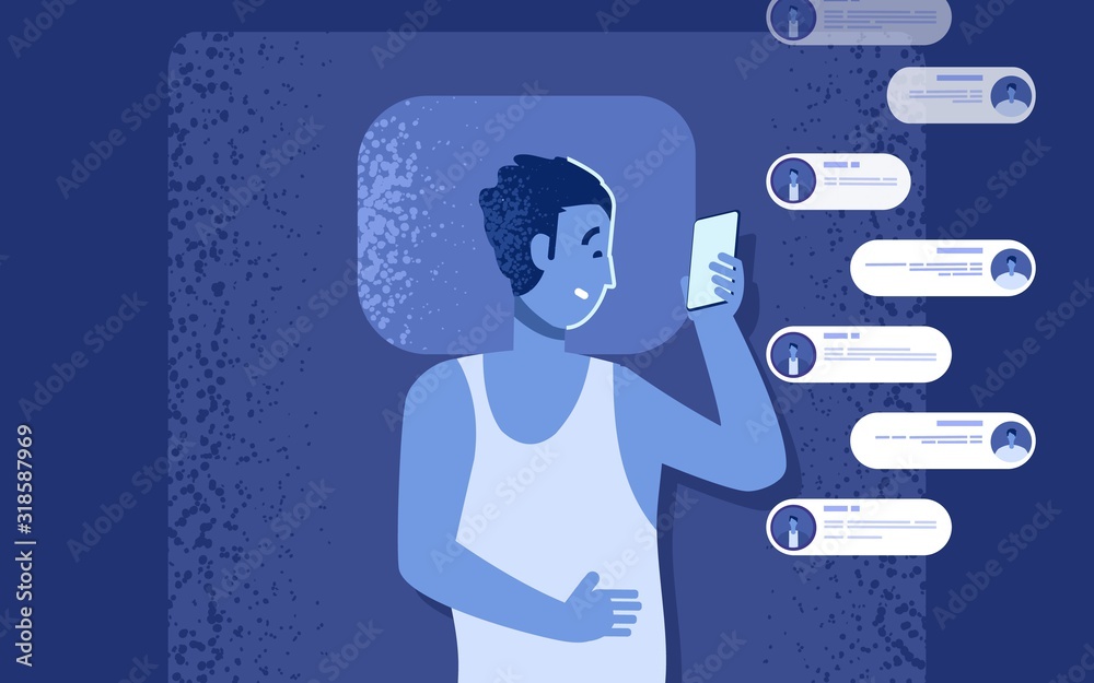 Gadget addiction problem. Flat man in bed with smartphone. Man chatting at night instead of sleep vector illustration. Social media addiction, insomnia problems. Man with gadget bedroom communication Gadget addiction problem. Flat man in bed with smartphone. Man chatting at night instead of sleep vector illustration. Social media addiction, insomnia problems. Man with gadget bedroom communication