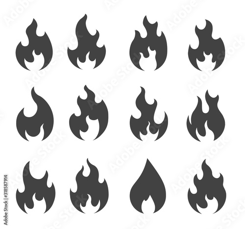 Fire silhouettes. Simple black outline fire flames, campfire isolated icons, ignite and fiery explosion signs Vector set of fire and flame, hot blaze campfire illustration