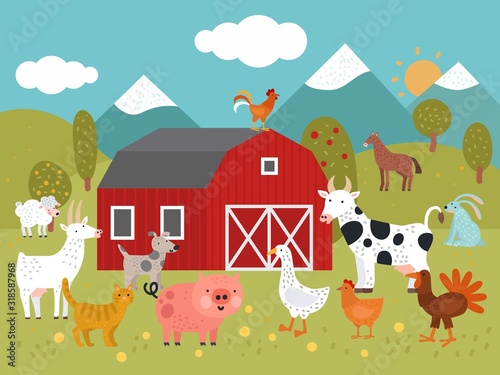 Cartoon farm. Goat  cat and pig  goose and chicken  cow and dog  turkey and rabbit farm building vector illustration. Chicken and goose  cow and pig  farm barnyard