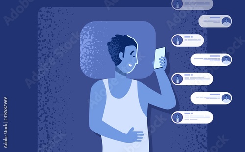 Gadget addiction problem. Flat man in bed with smartphone. Man chatting at night instead of sleep vector illustration. Social media addiction, insomnia problems. Man with gadget bedroom communication