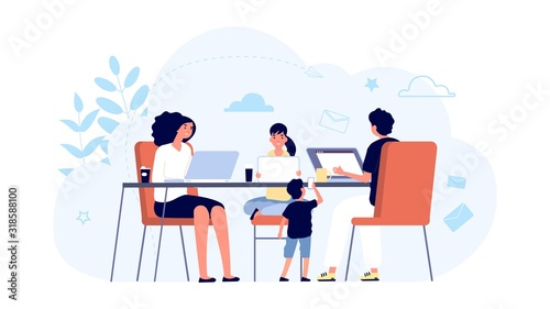 Family with gadgets. Family network concept. Mom, dad kids with laptops and tablets at table together. Internet addiction, online lifes. Illustration family addiction network, social mobile
