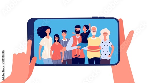Phone with family photo. Hands holding smartphone with happy smiling grands mother dad kids together. Taking family selfie, memories vector concept. Illustration family smartphone selfie photo