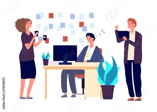 Sleepy man. Tired manager sleeping at workplace. Colleagues want to wake sleeping employee. Flat business office characters, time management, deadline vector illustration. Employee overworked sleepy