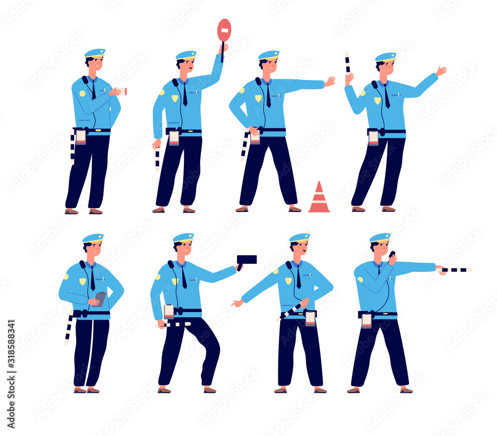 Traffic police. Road security, traffic control patrol officer. Vehicle driver safety, parking controller vector isolated characters. Illustration officer traffic security pose