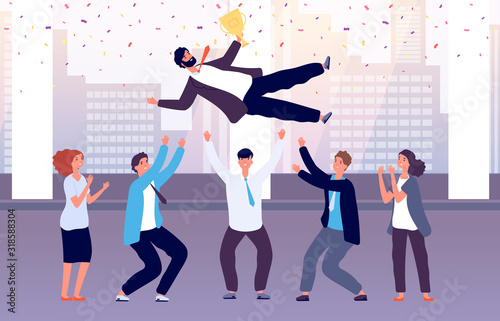 Team celebrates victory. Employees throw colleague up celebrating event. Successful manager with corporate business award vector concept. Illustration business team victory, colleague success worker