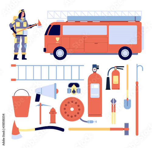 Fireman and equipment. Professional rescue gear, firefighter uniform, extinguisher and hydrant. Glove helmet and truck, ladder vector set. Illustration professional firefighter and safety equipment