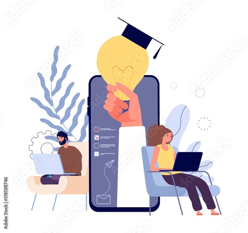 Online education. Distance learning students, e learning concept. People studying with laptops and tablets vector illustration. Education student online, distance university e-learning