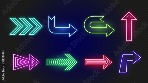 Neon arrows. Bright glowing arrow signs. Outside lights of night bar. Vector lighting directional elements. Illustration arrow colorful for bar night or casino