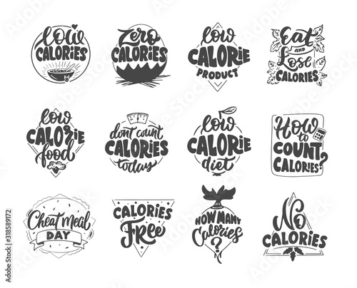 Set of vintage Low and Zero calories emblems and stamps. Diet badges, templates and stickers