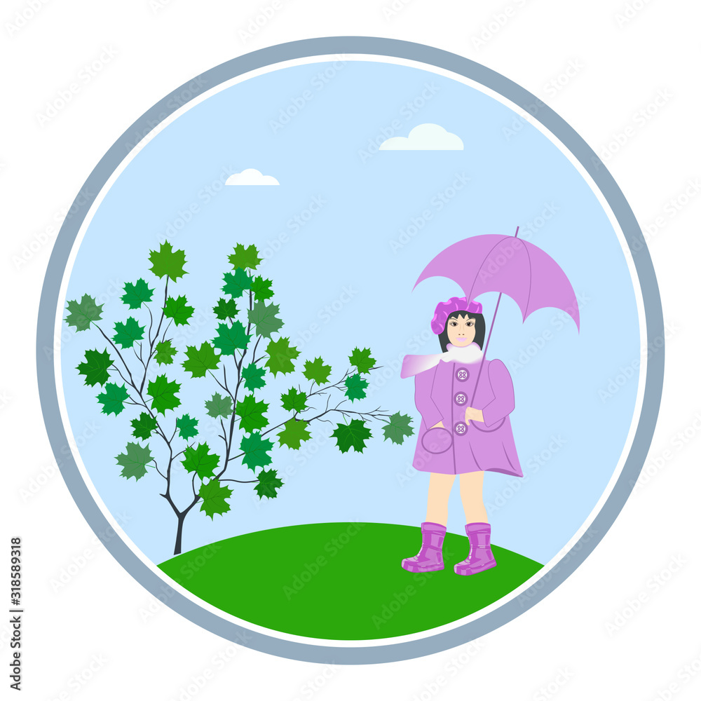 Little girl with umbrella, tree with leaves, clouds - round icon, isolated on white background - vector. Hello spring. Little girl with umbrella, tree with leaves, clouds - round icon, isolated on white background - vector. Hello spring.