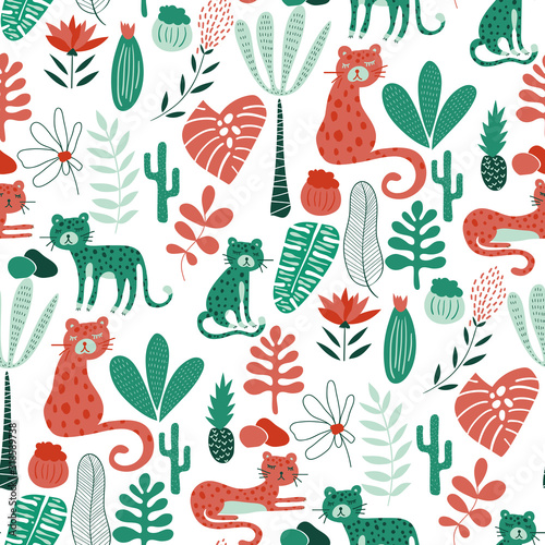 Vector Seamless Safari Pattern with leopards photo