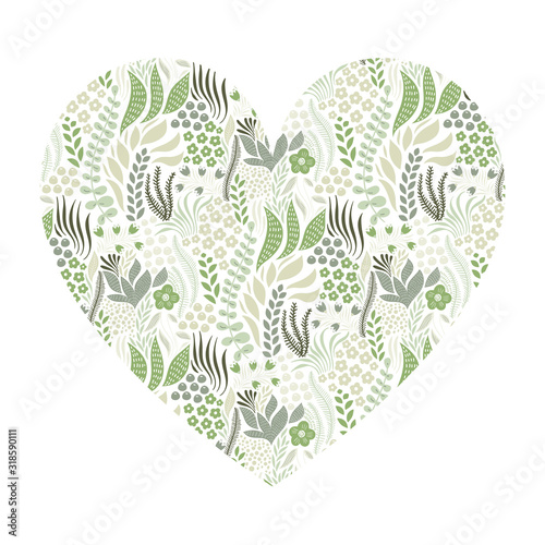 Vector Heart with Flowers and Leaves.