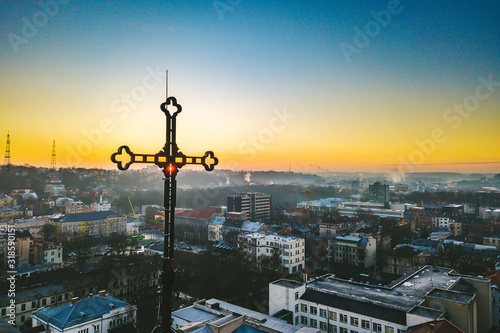Drone aerial view of St. Michael the Archangel's Church in Kaunas, Lithuania photo
