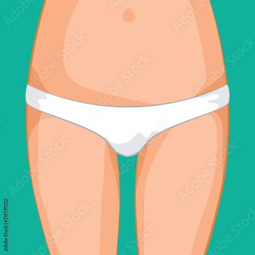 Women's thighs in white underwear and belly on a light emerald background. Illustration for design and web. Women's health and hygiene.