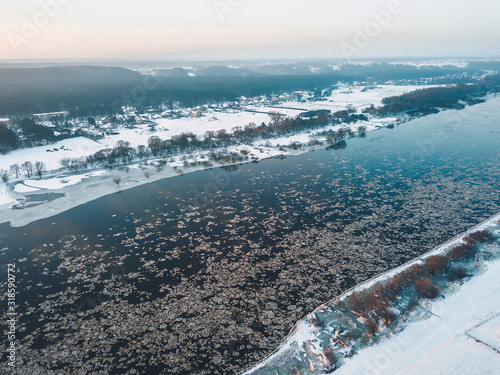 Ice floes in the cold morning. Kaunas county, Lithuania