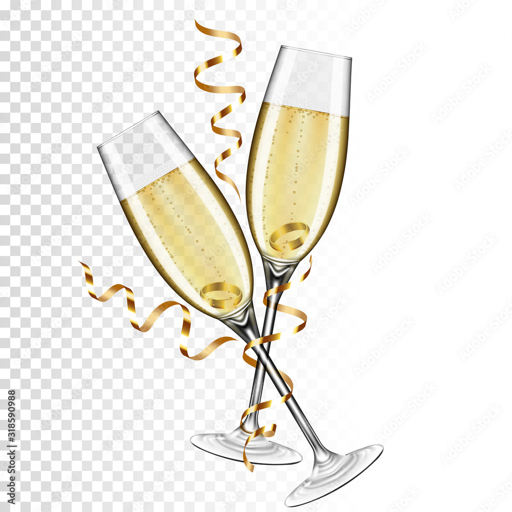 Two glasses of champagne with gold ribbon and ring, isolated on transparent  background. Stock Vector | Adobe Stock