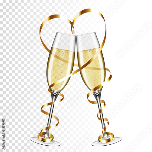 Two glasses of champagne with gold ribbon and ring, isolated on transparent background.