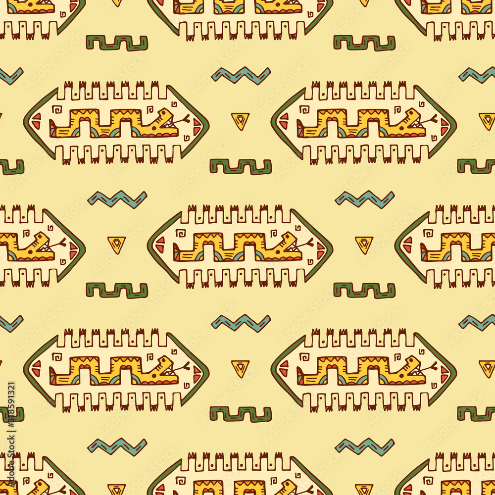 Obraz premium Mexican abstract patterns with snake. Mexico Vector Seamless pattern. Mexican items - Hand drawn doodle Mexican patterns. Mexican wall illustration with snake and abstract figures