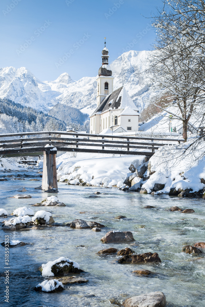 Church of Ramsau in winter, Berchtesgadener Land, Bavaria, Germany