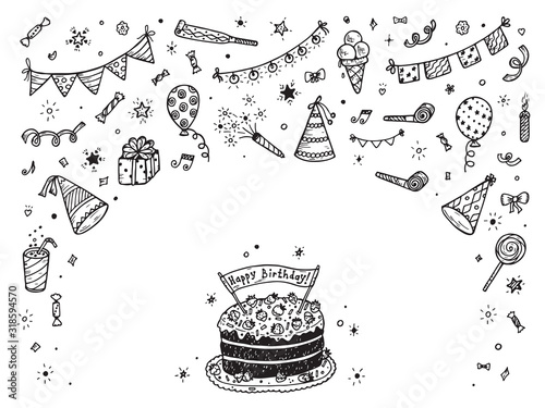 Birthday party elements vector set. Happy birthday card Template. Birthday elements. Hand Drawn Doodle birthday cake, sweets, bunting flag, balloons, gift, festive paper cap, festive attributes photo