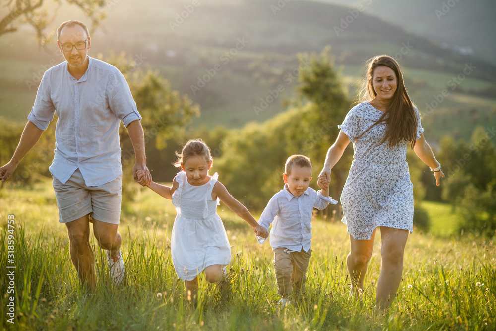 Young family with two small children walking on meadow outdoors at sunset. Young family with two small children walking on meadow outdoors at sunset.