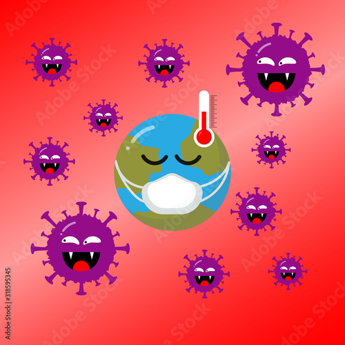 Earth is sick and fever wear mask to protect virus, bacteria and disease on red background. Coronavirus and small dust concept.