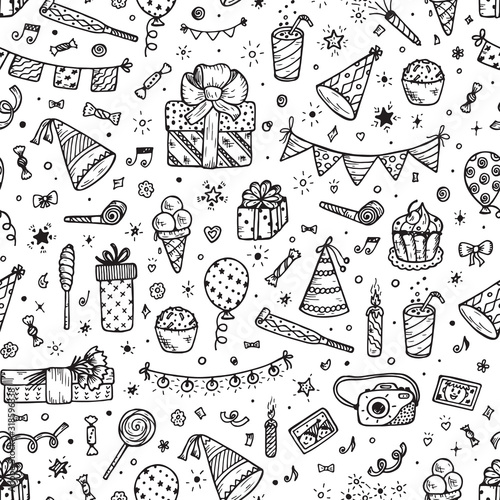 Holiday seamless pattern. Celebratory seamless background. Hand Drawn Doodle sweets, bunting flag, balloons, gifts, festive paper caps, festive attributes. Wallpaper for kids