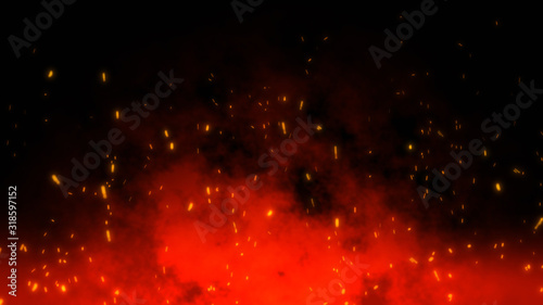 Fire embers particles over black black background. Fire sparks background. Abstract dark glitter fire particles lights.