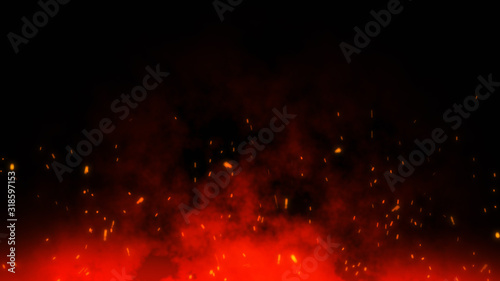 Fire embers particles over black black background. Fire sparks background. Abstract dark glitter fire particles lights. photo