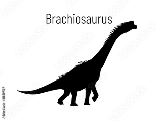 Brachiosaurus. Sauropodomorpha dinosaur. Monochrome vector illustration of silhouette of prehistoric creature brachiosaurus isolated on white background. Stencil. Huge fossil dinosaur.