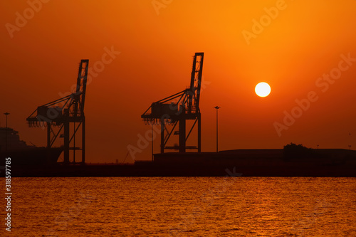 Industrial cargo port and silhouette of cranes at sunset int Dubai photo