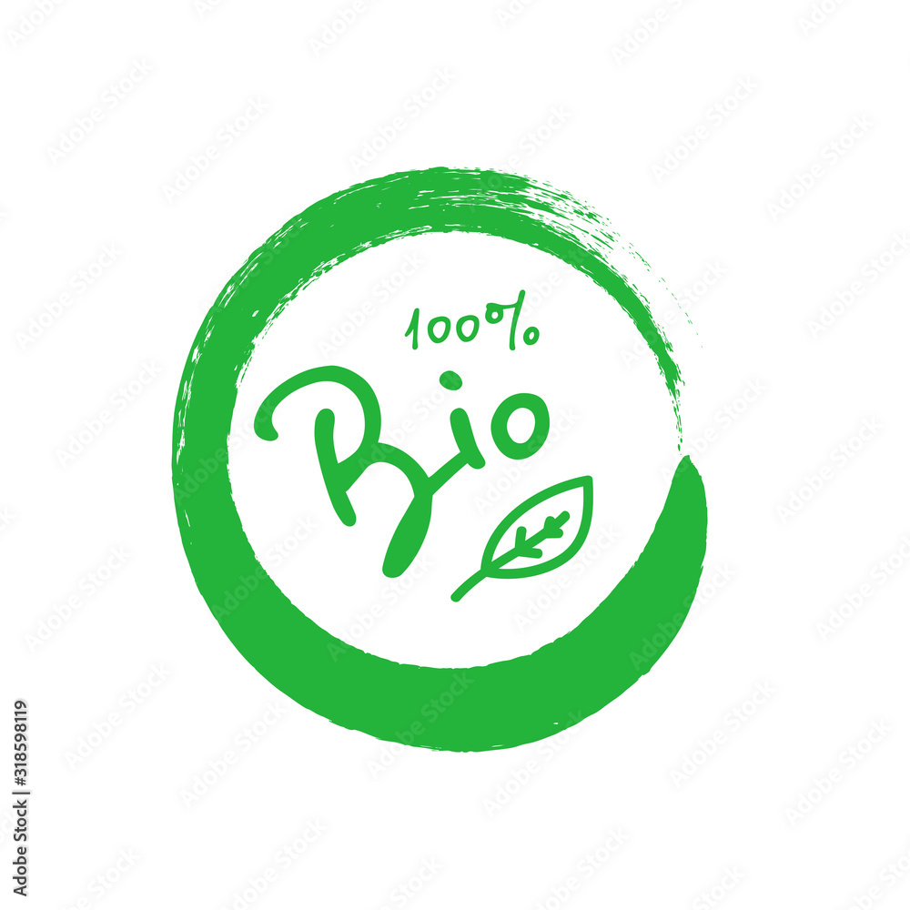 Bio 100 percent tree leaf handwritten green brush stroke badge. Design element for packaging design and promotional material. Vector illustration. Bio 100 percent tree leaf handwritten green brush stroke badge. Design element for packaging design and promotional material. Vector illustration.