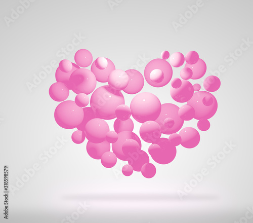 Fototapeta Naklejka Na Ścianę i Meble -  3d pink ball in heart shape on gray white color background. Abstract 3d isolated rendering concept valentines day.