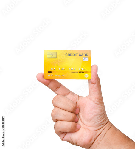 Hand holding a credit card isolated on white