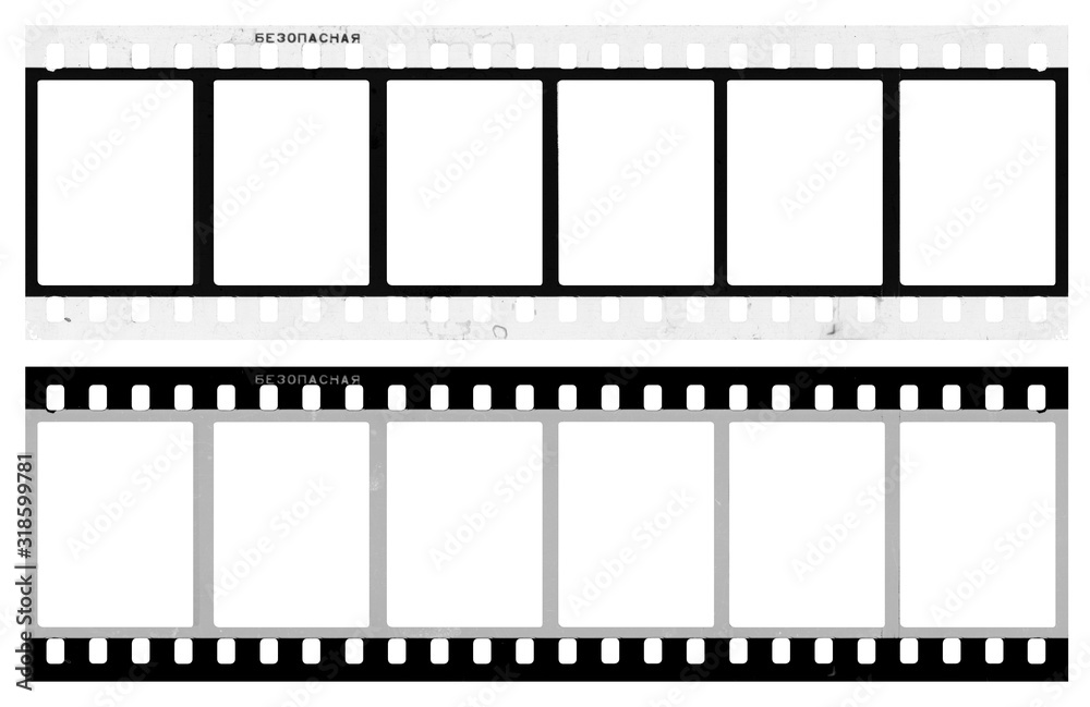 film strip template with frames, empty black and white 135 type (35mm) in negative and positive isolated on white background with work path. film strip template with frames, empty black and white 135 type (35mm) in negative and positive isolated on white background with work path.