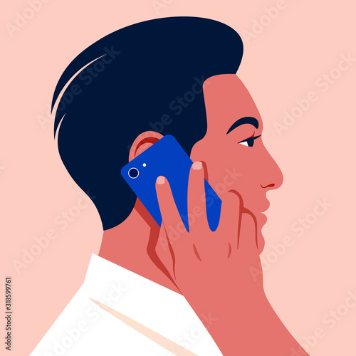 The profile of oriental guy. Businessman with smartphone. Avatar of the Asian man. Vector flat illustration