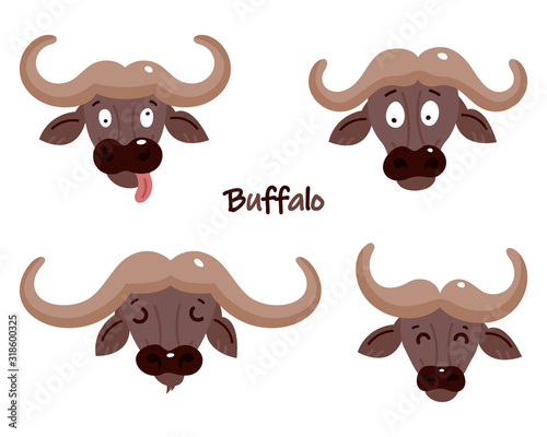 Set of cute buffalos. Sticker. Children's, funny. Cartoon comic book style vector illustration of forest wild animals