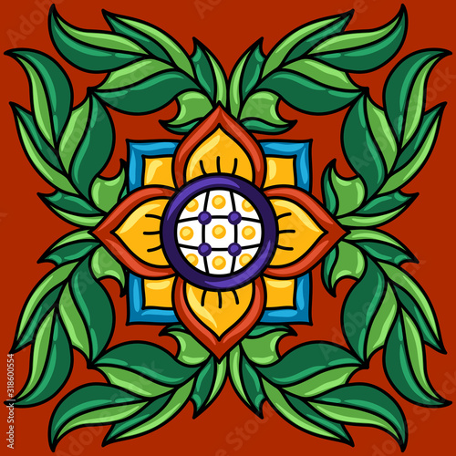 Mexican talavera ceramic tile pattern. Decoration with ornamental flowers.