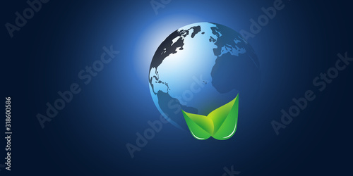 Blue Global Eco Concept Design Layout - Green Leaves and Earth Globe - Vector Template