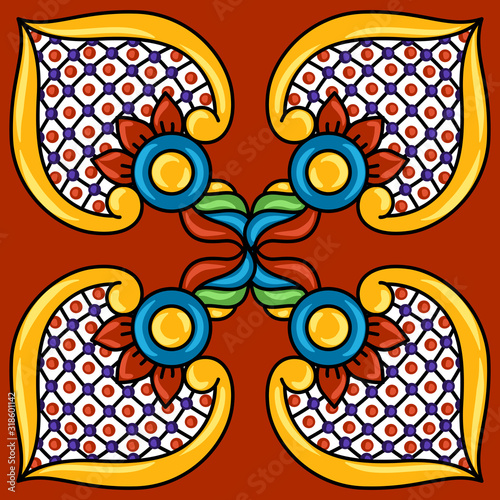 Mexican talavera ceramic tile pattern. Decoration with ornamental flowers.